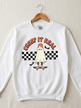 Gildan White ghost 'Creep It Real' Graphic Sweatshirt